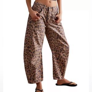 Free People We The Free Good Luck Leopard Barrel Leg Jeans in Brown Sugar
